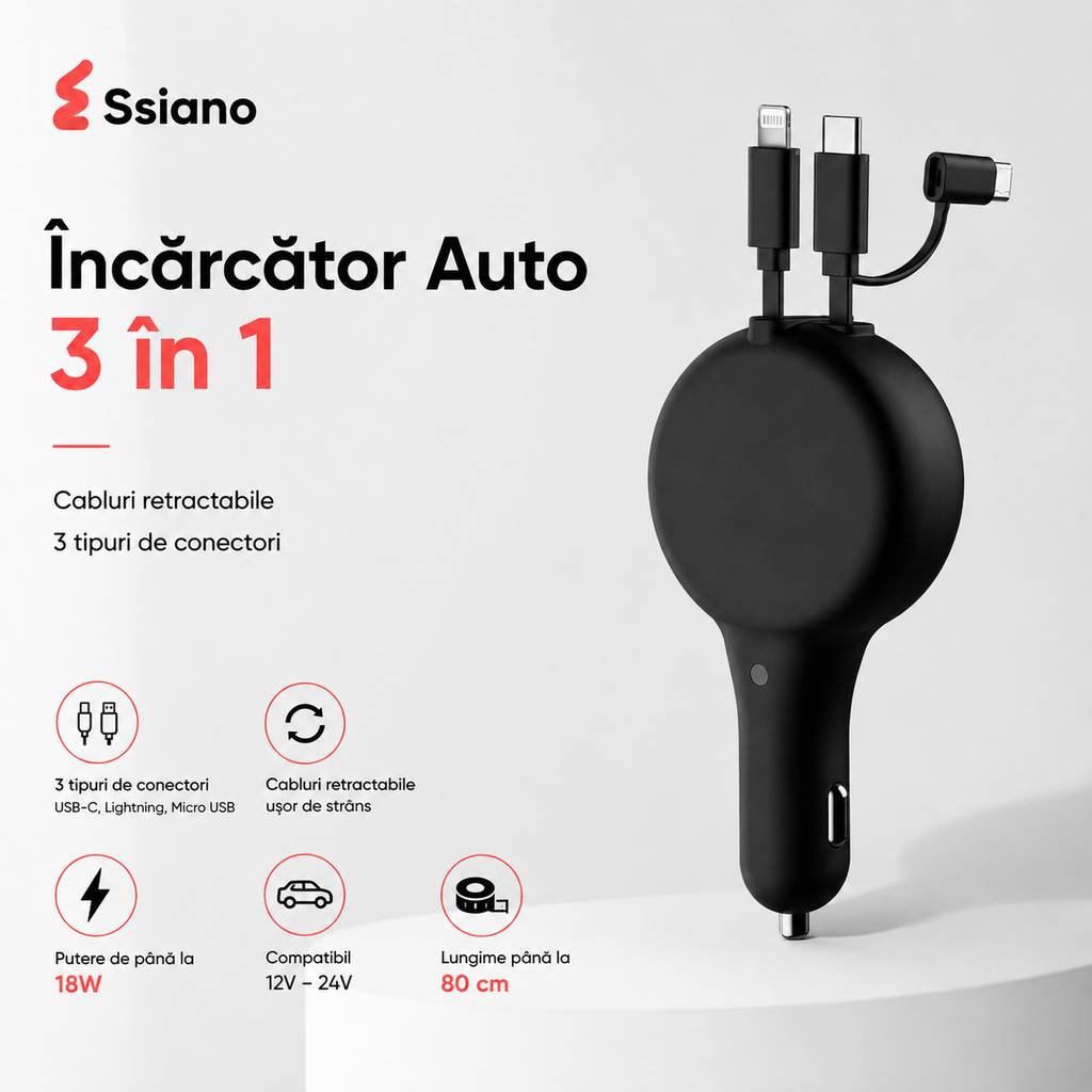 Încărcător Auto 3 în 1 cu Cabluri Retractabile